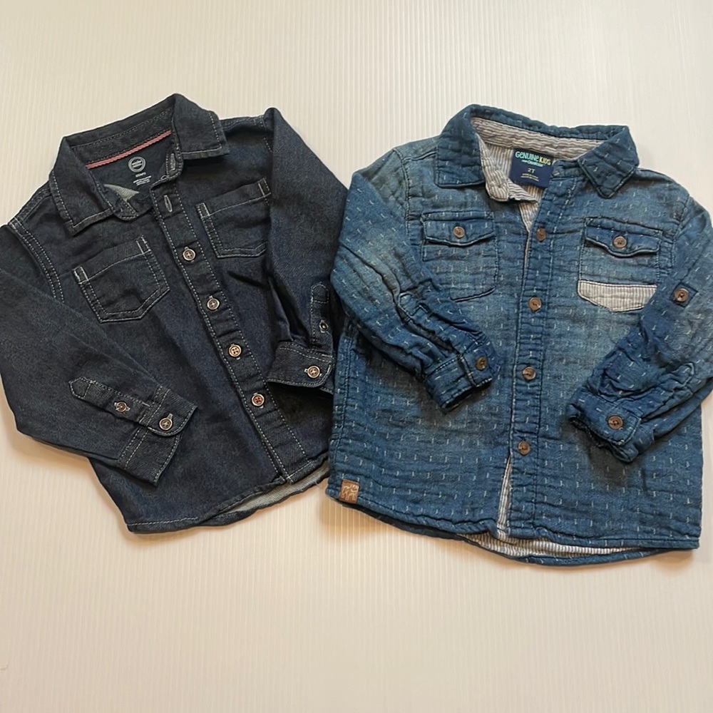 Two long sleeve button down blue OshKosh & wonder nation. Size 2T
